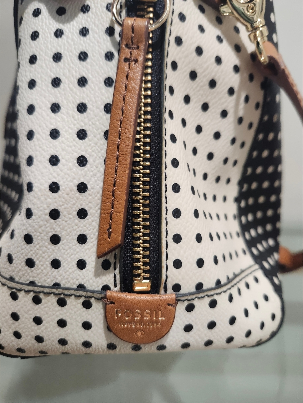 Fossil Sydney Black & White Polka Dot Satchel with Tan Leather Trim - Picture 3 of 5